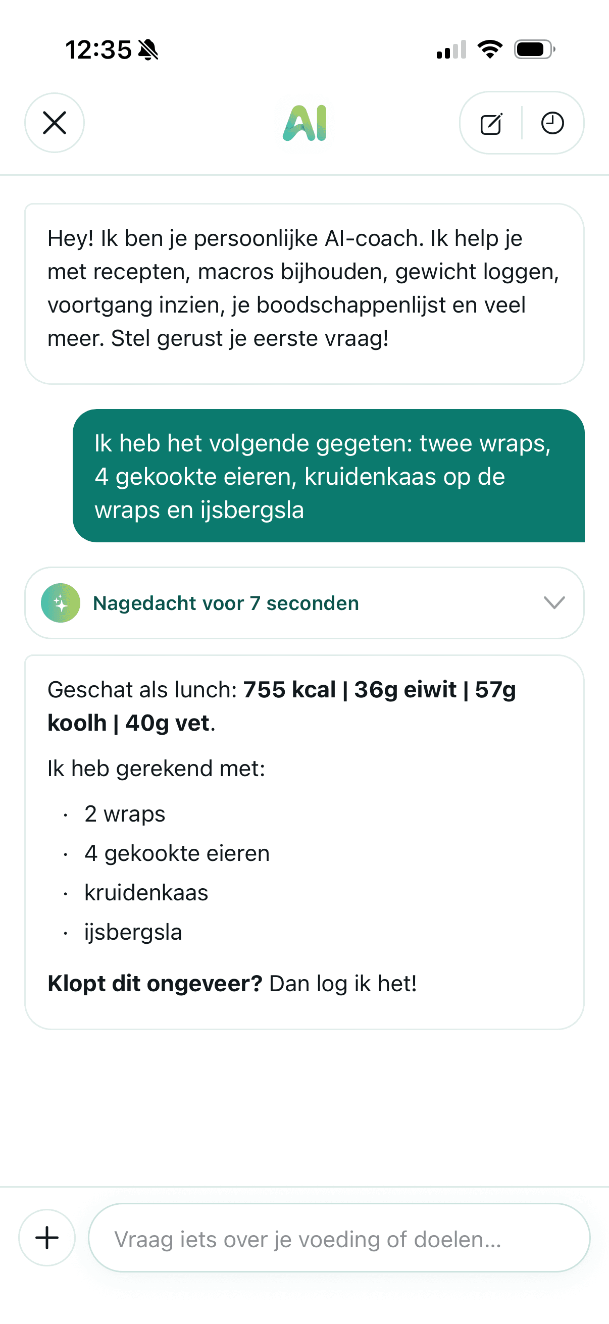 Een gesprek met de Macromaat AI-coach om een lunch in gewone taal te loggen