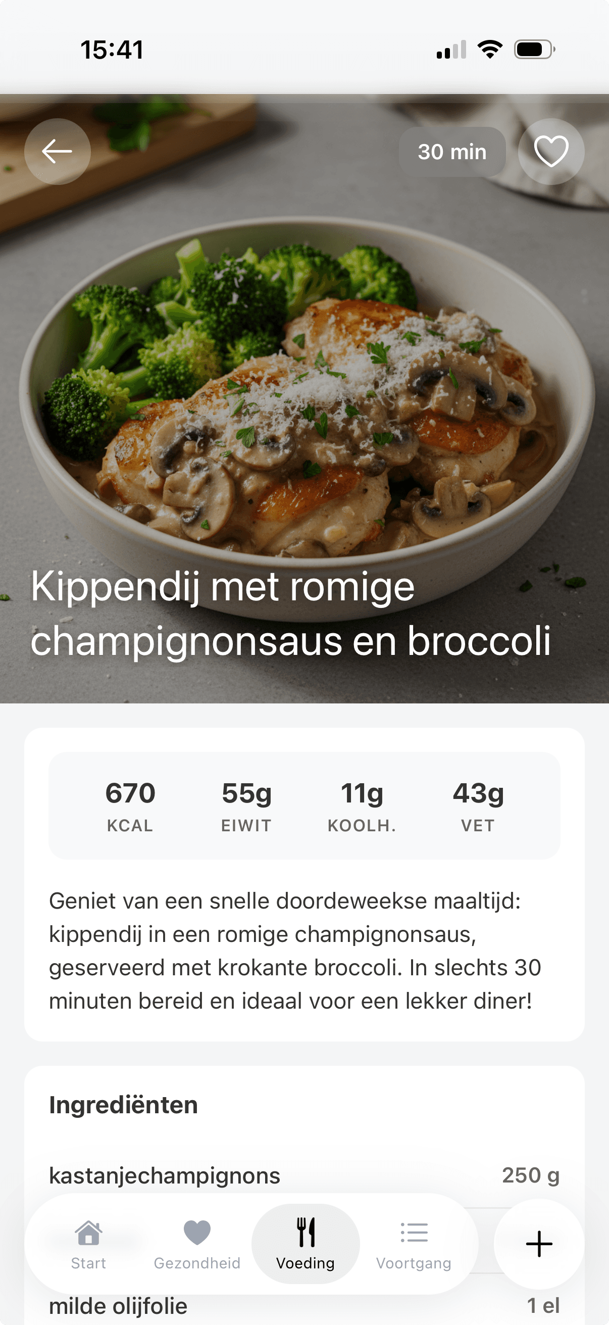 Recept voor kippendij met champignonsaus en broccoli, met bereidingstijd, voedingswaarden en ingrediënten