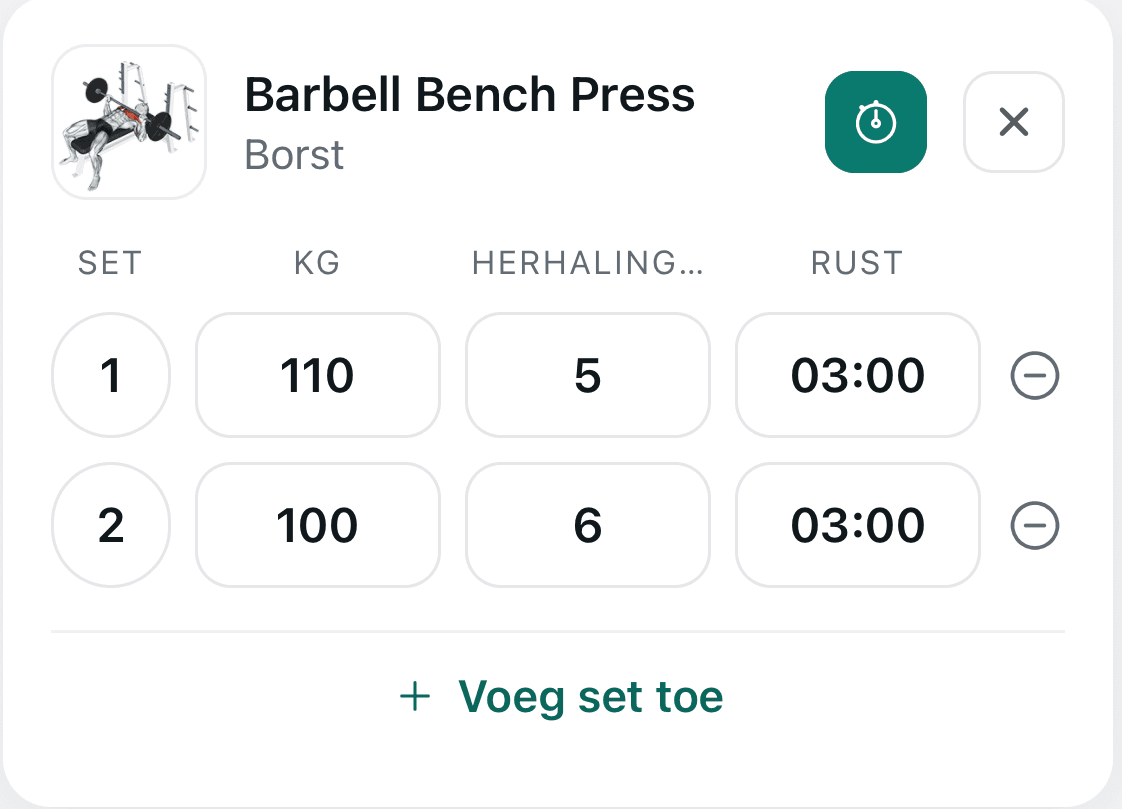 Barbell Bench Press met twee sets, gewicht, herhalingen en rusttijd