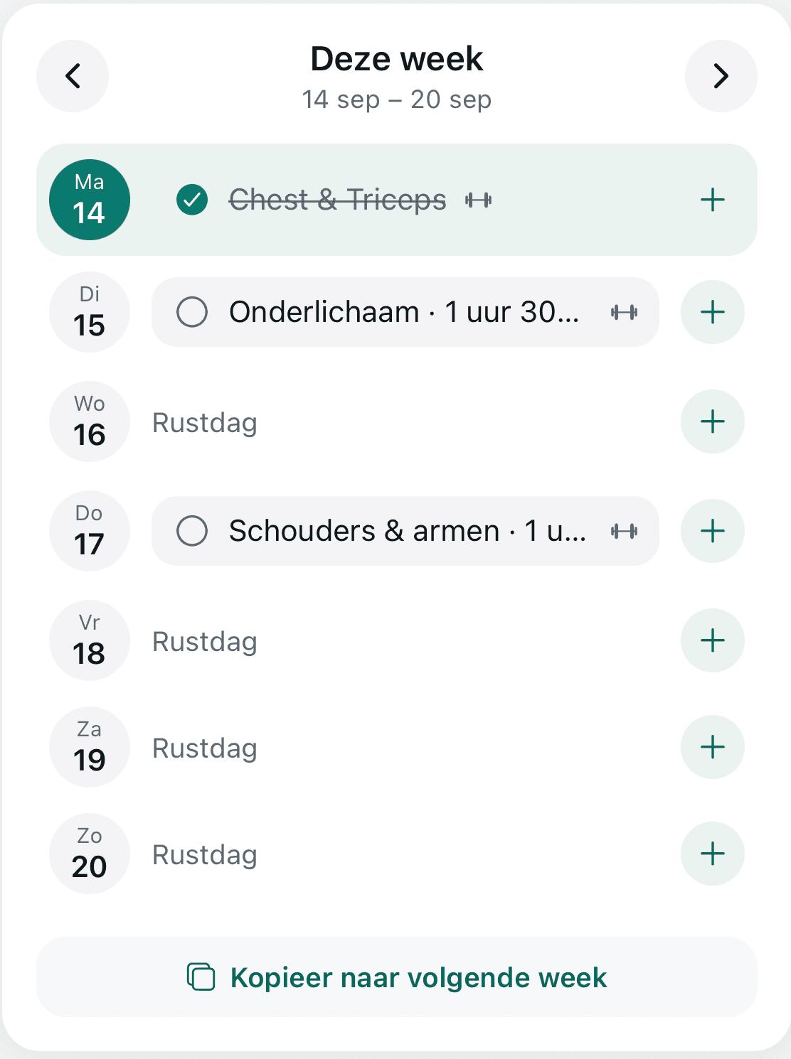 Fitnessweekplanning met trainingen, rustdagen en kopiëren naar volgende week