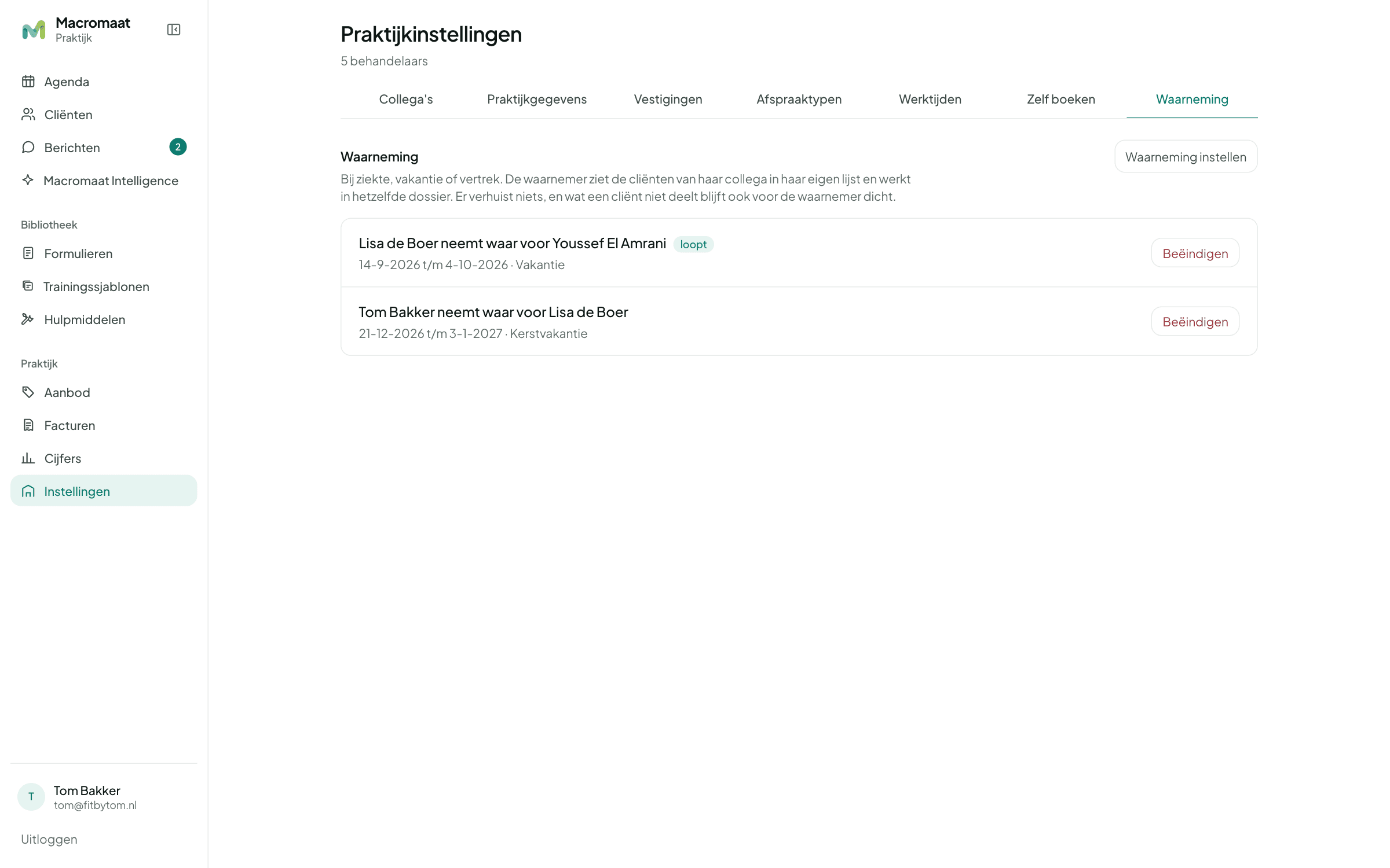 Waarneming met een collega die tijdelijk de cliënten van een andere trainer overneemt, met begin- en einddatum