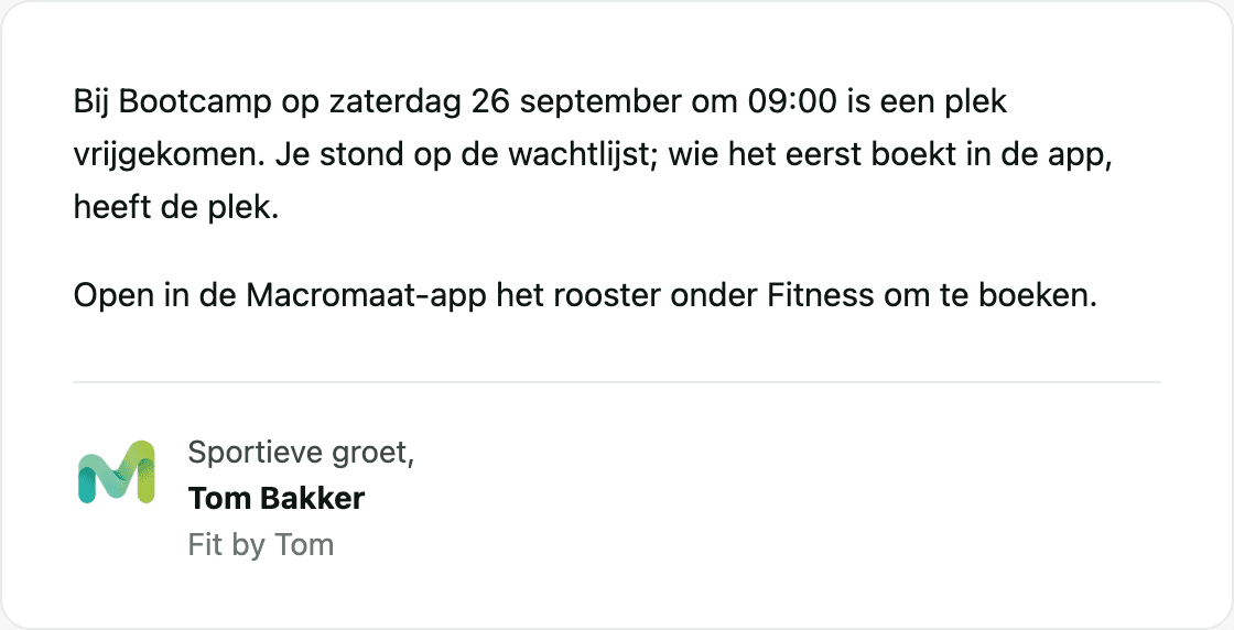 De mail dat er een plek is vrijgekomen bij Bootcamp op zaterdag 26 september om 09:00, met de uitleg dat wie het eerst boekt de plek heeft
