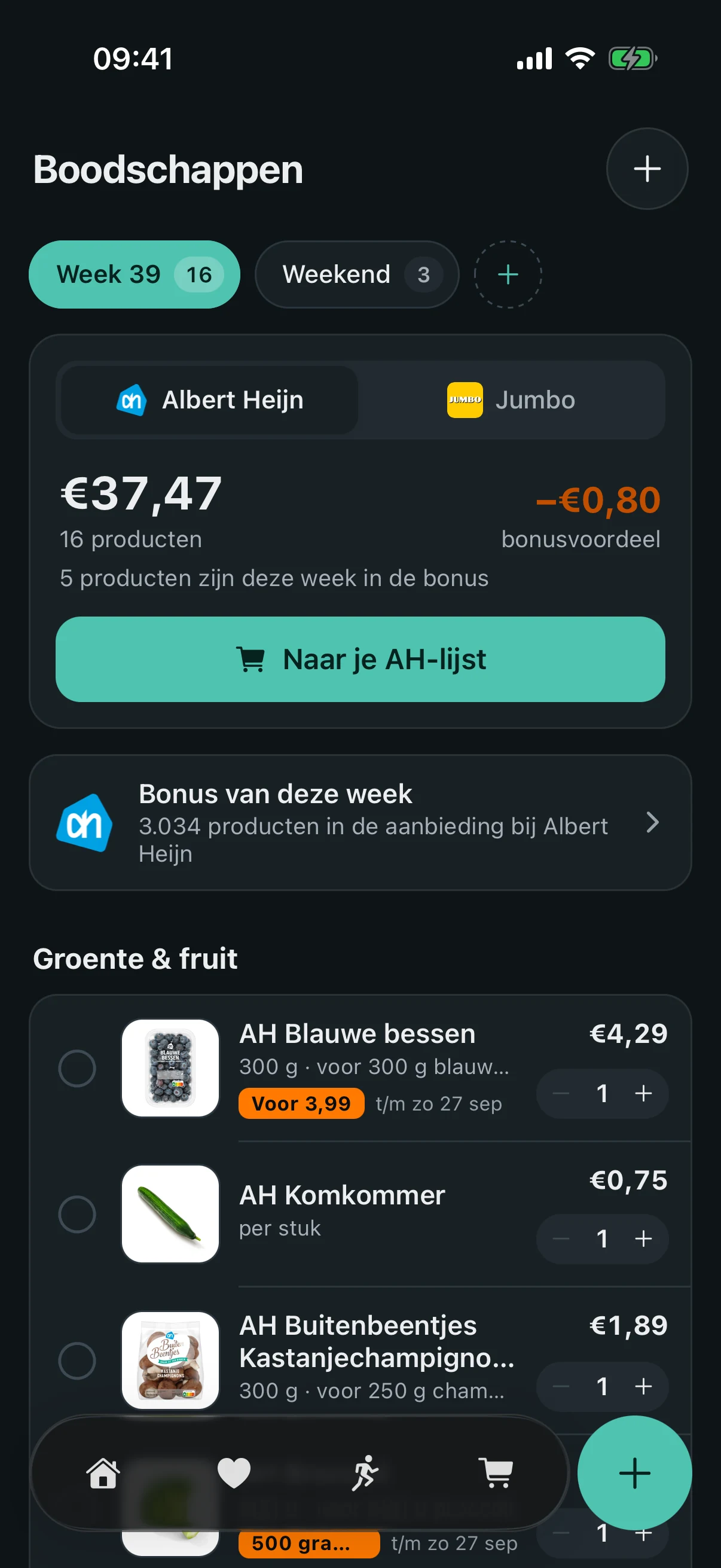 De Boodschappen-pagina: de lijsten Week 39 en Weekend, Albert Heijn gekozen, 16 producten voor 37,47 euro met 0,80 euro bonusvoordeel, de knop naar je AH-lijst, 3.034 producten die deze week in de aanbieding zijn, en onder groente en fruit de producten met foto en prijs, zoals blauwe bessen van 4,29 euro in de bonus voor 3,99 euro tot en met zondag 27 september
