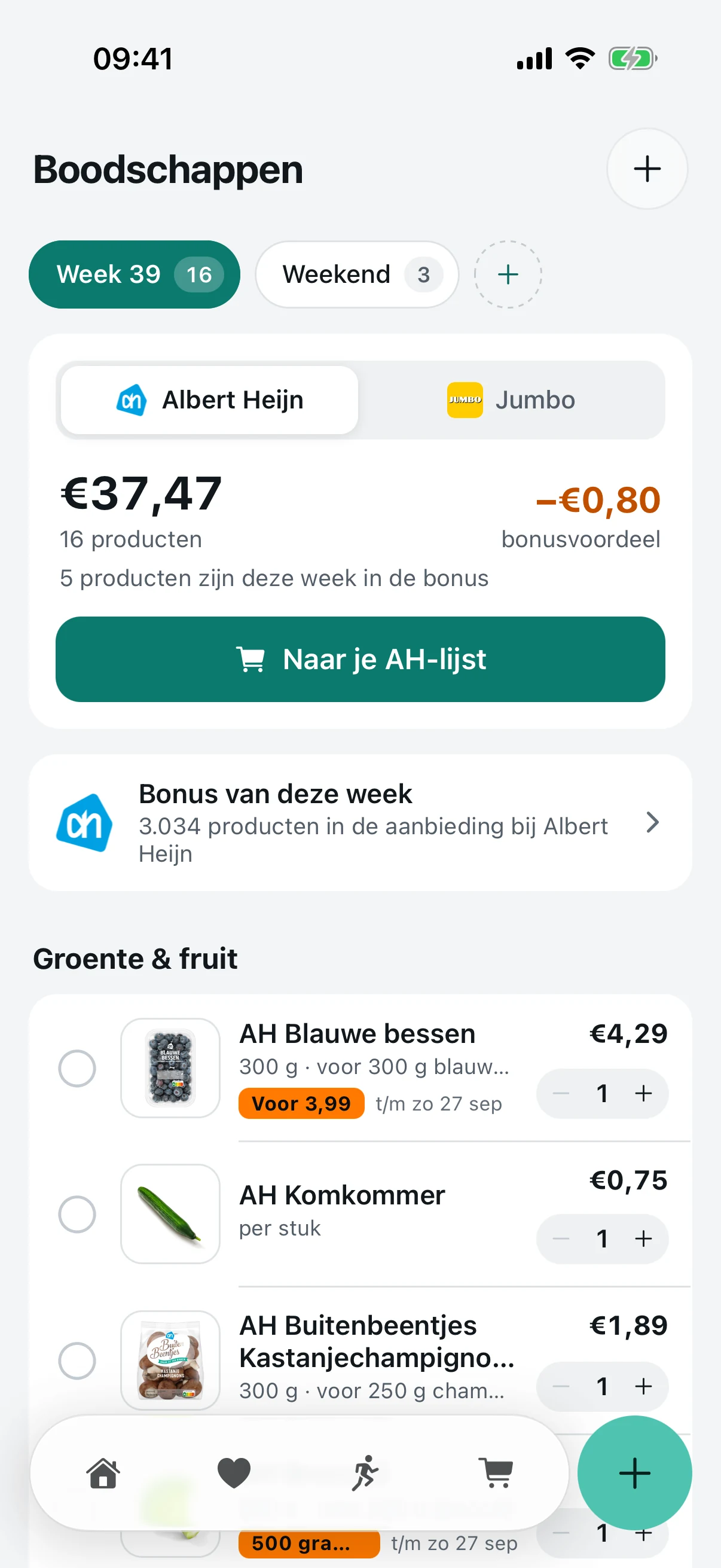 De Boodschappen-pagina: de lijsten Week 39 en Weekend, Albert Heijn gekozen, 16 producten voor 37,47 euro met 0,80 euro bonusvoordeel, de knop naar je AH-lijst, 3.034 producten die deze week in de aanbieding zijn, en onder groente en fruit de producten met foto en prijs, zoals blauwe bessen van 4,29 euro in de bonus voor 3,99 euro tot en met zondag 27 september