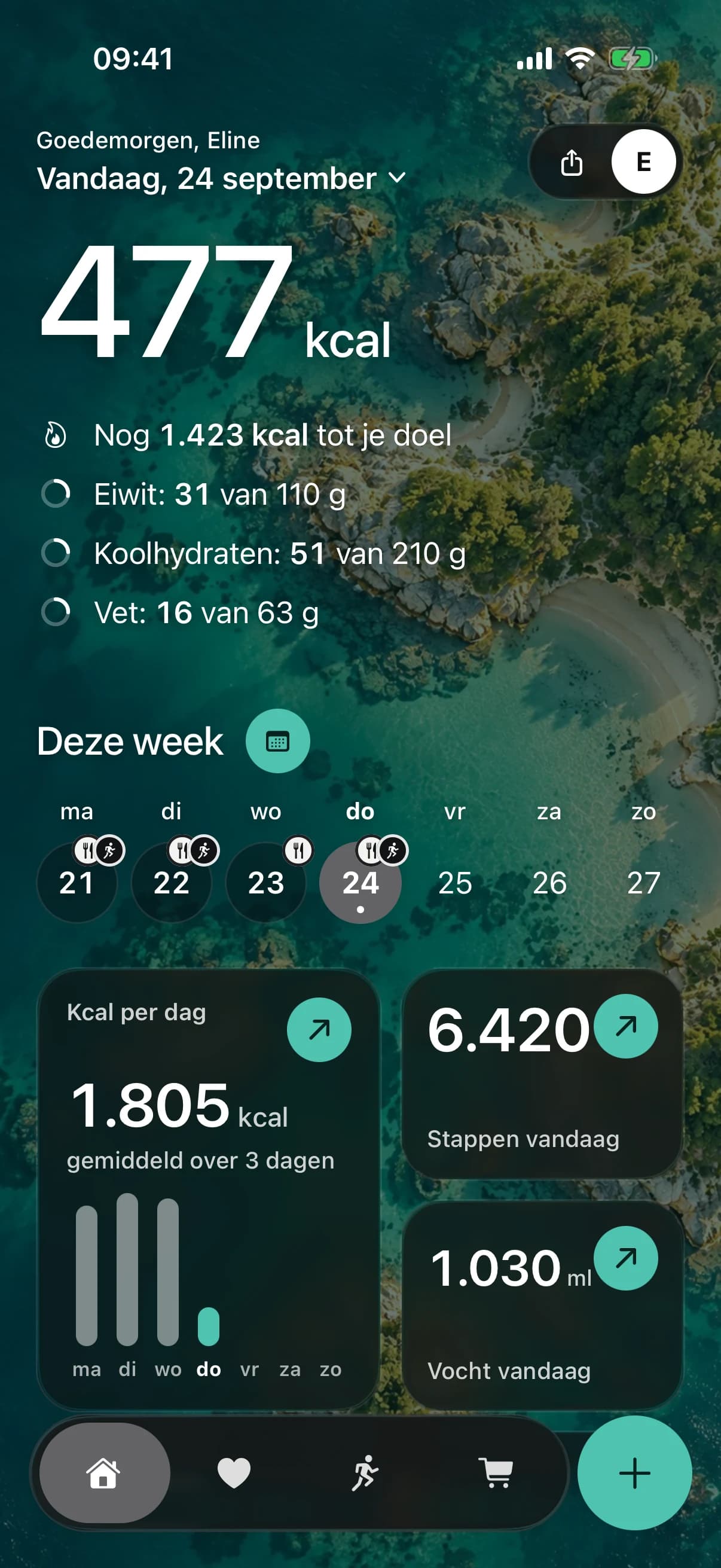 Het beginscherm: 477 kcal vandaag, hoeveel er nog over is tot je doel, je eiwit, koolhydraten en vet, je week, en je calorieën per dag, stappen en vocht