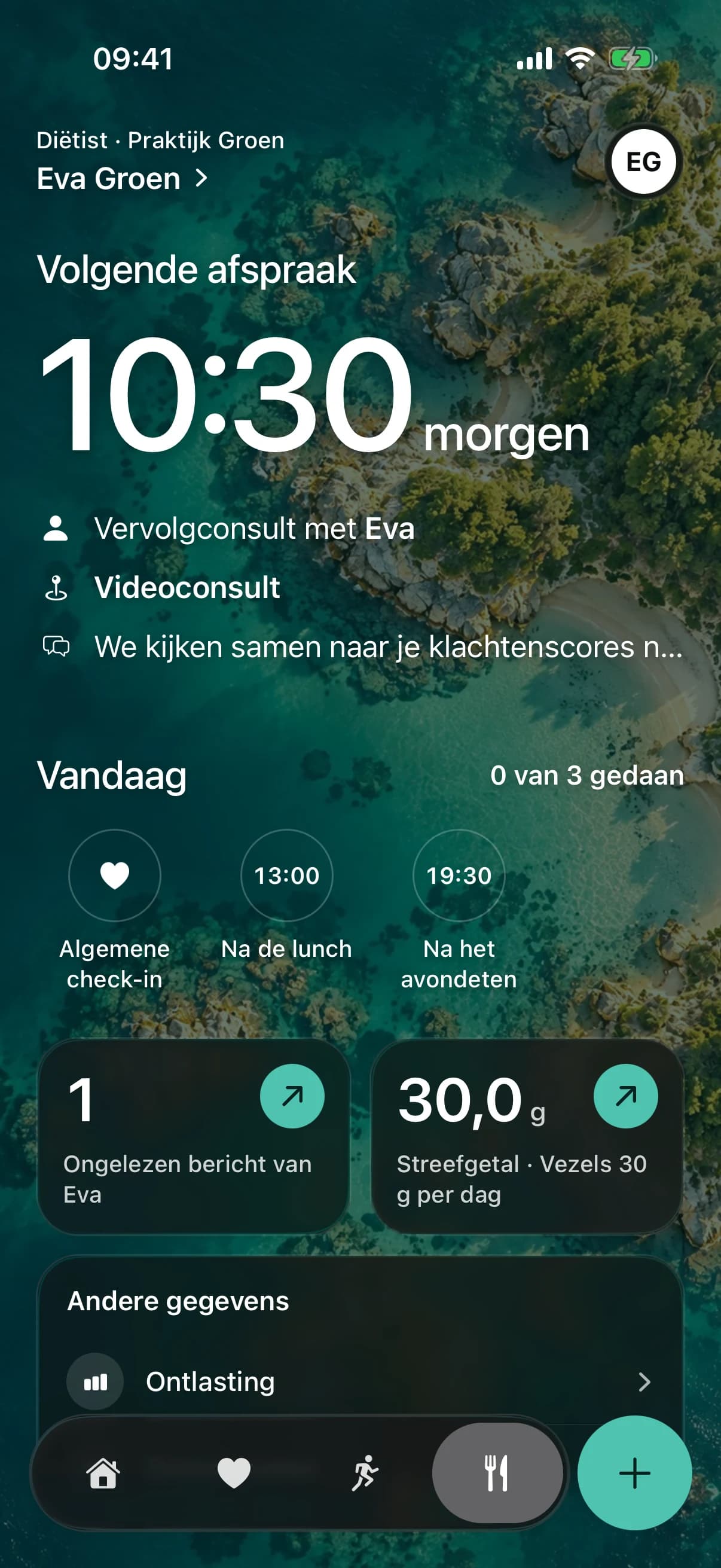 Het tabblad van je diëtist: je volgende afspraak, de check-ins van vandaag, een ongelezen bericht en je streefgetal voor vezels