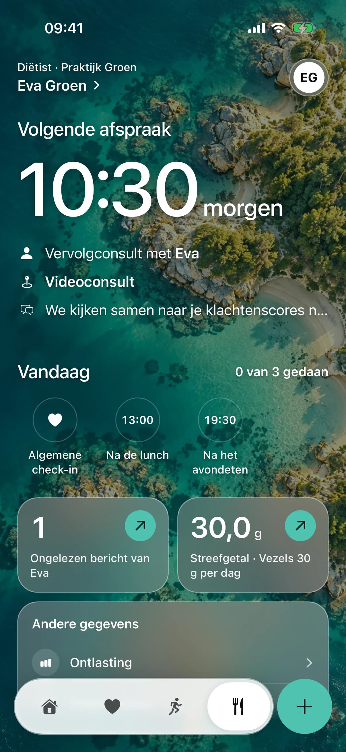 Het tabblad van je diëtist: je volgende afspraak, de check-ins van vandaag, een ongelezen bericht en je streefgetal voor vezels