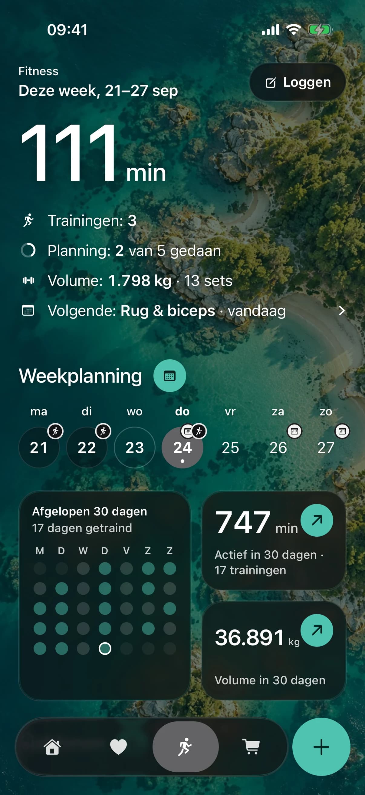 Fitness deze week: 111 minuten, drie trainingen, twee van de vijf geplande trainingen gedaan en het volume, met daaronder de weekplanning en je trainingsdagen van de afgelopen dertig dagen
