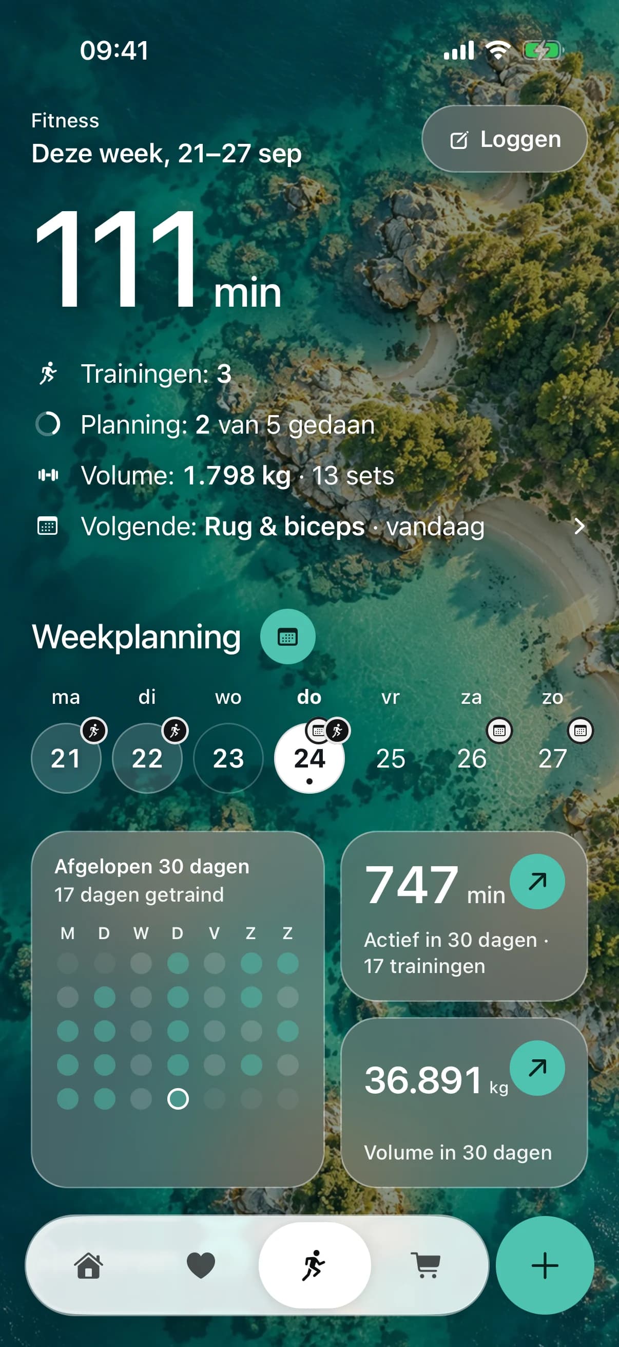 Fitness deze week: 111 minuten, drie trainingen, twee van de vijf geplande trainingen gedaan en het volume, met daaronder de weekplanning en je trainingsdagen van de afgelopen dertig dagen