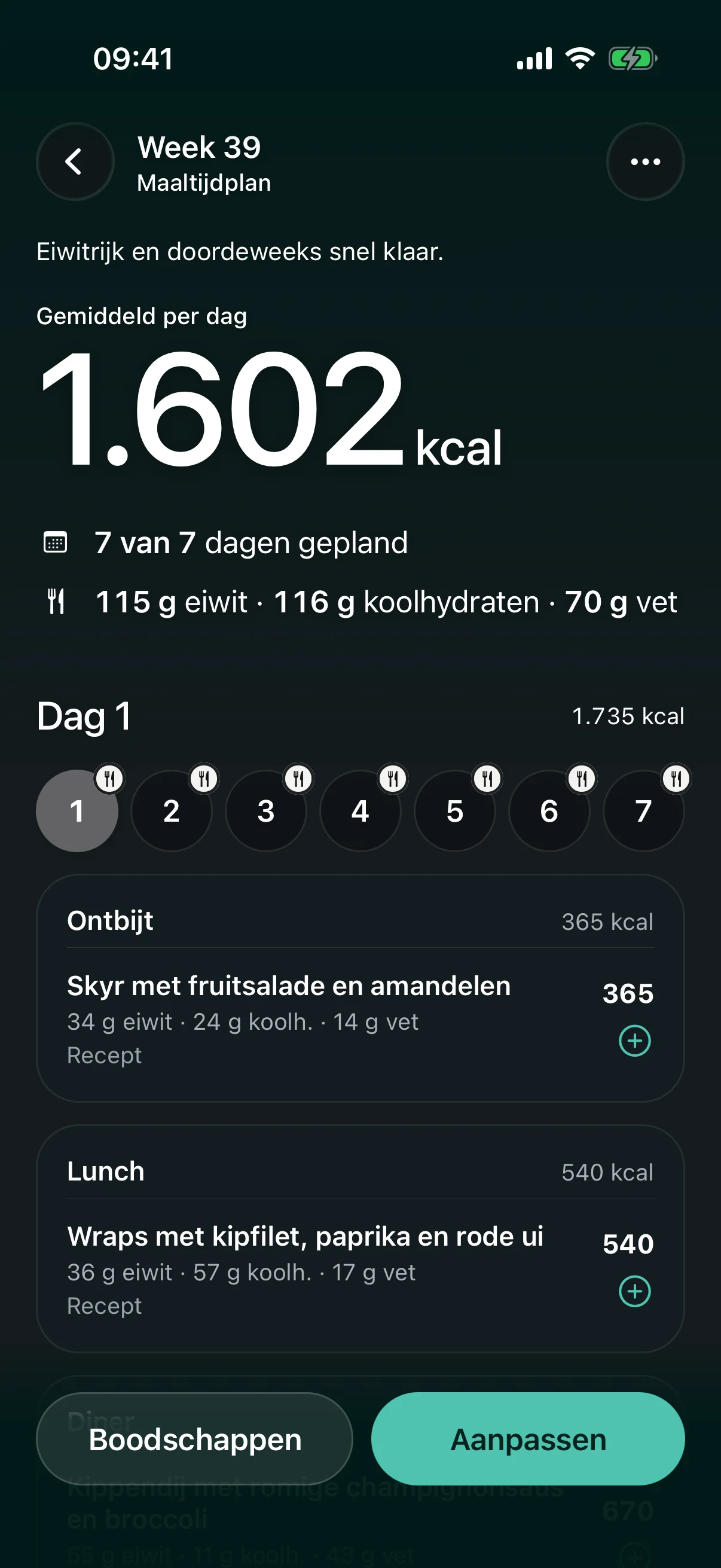 Een maaltijdplan voor week 39: gemiddeld 1.602 kcal per dag, zeven van de zeven dagen gepland, met per dag de maaltijden en een knop naar de boodschappen