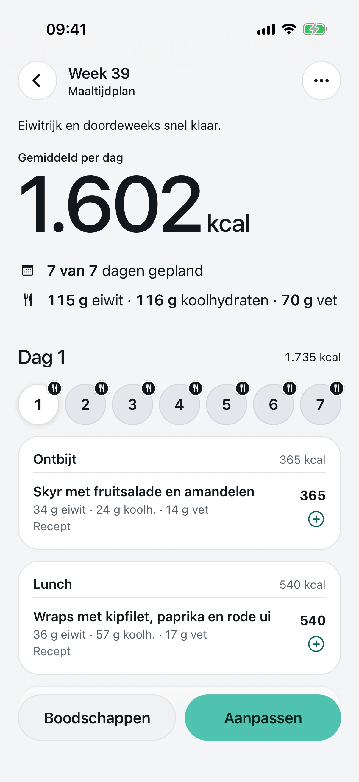 Een maaltijdplan voor week 39: gemiddeld 1.602 kcal per dag, zeven van de zeven dagen gepland, met per dag de maaltijden en een knop naar de boodschappen