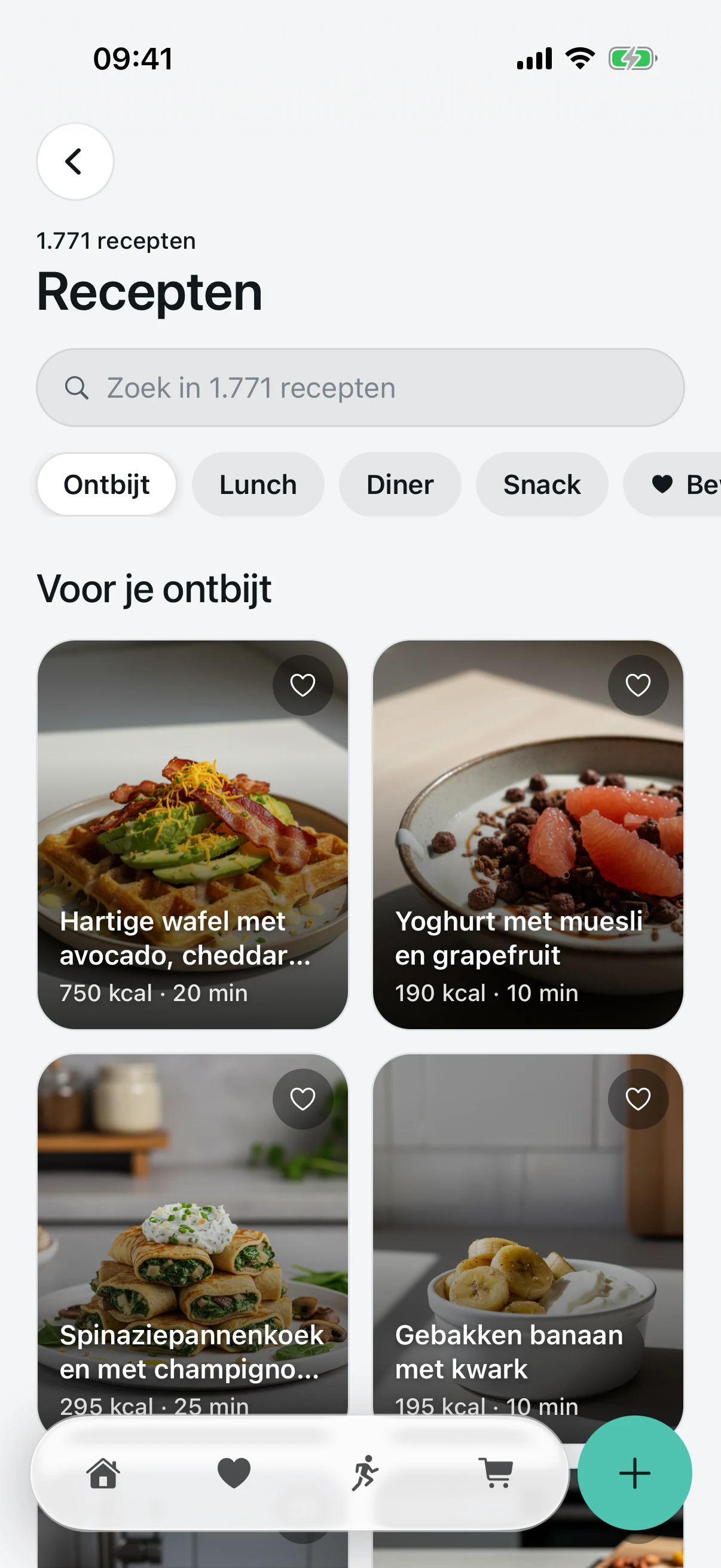 Het receptenoverzicht: 1.771 recepten, een zoekveld en filters voor ontbijt, lunch, diner, snack en bewaard, met ontbijt gekozen en daaronder recepten met hun calorieën en bereidingstijd