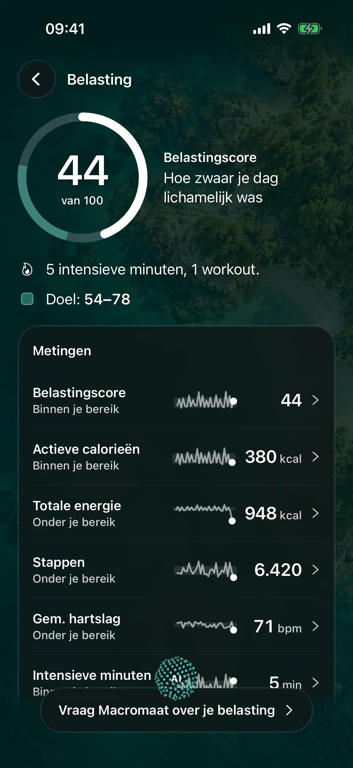 Belasting: een belastingscore van 44 van de 100, vijf intensieve minuten en één workout, een doelbereik van 54 tot 78, en je actieve calorieën, totale energie, stappen, gemiddelde hartslag en intensieve minuten