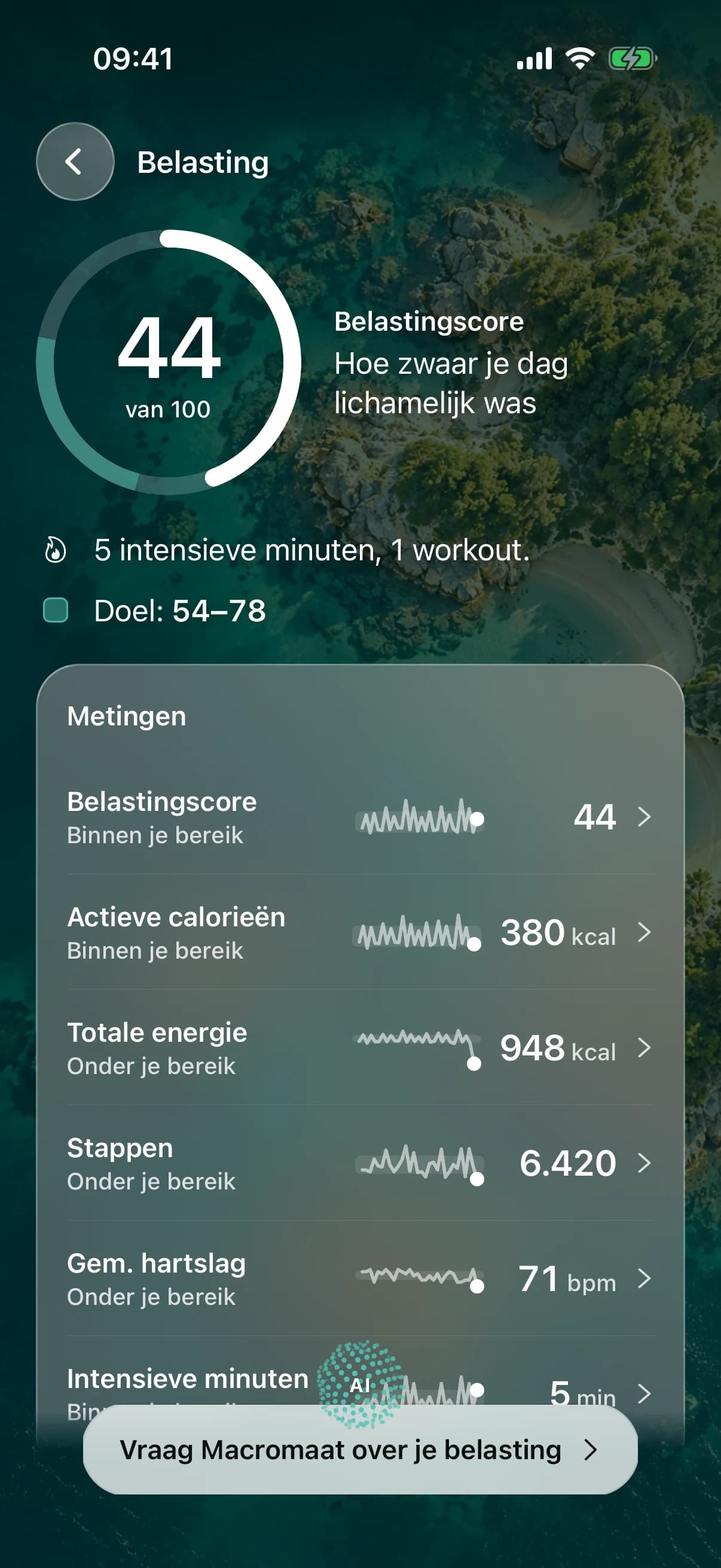 Belasting: een belastingscore van 44 van de 100, vijf intensieve minuten en één workout, een doelbereik van 54 tot 78, en je actieve calorieën, totale energie, stappen, gemiddelde hartslag en intensieve minuten