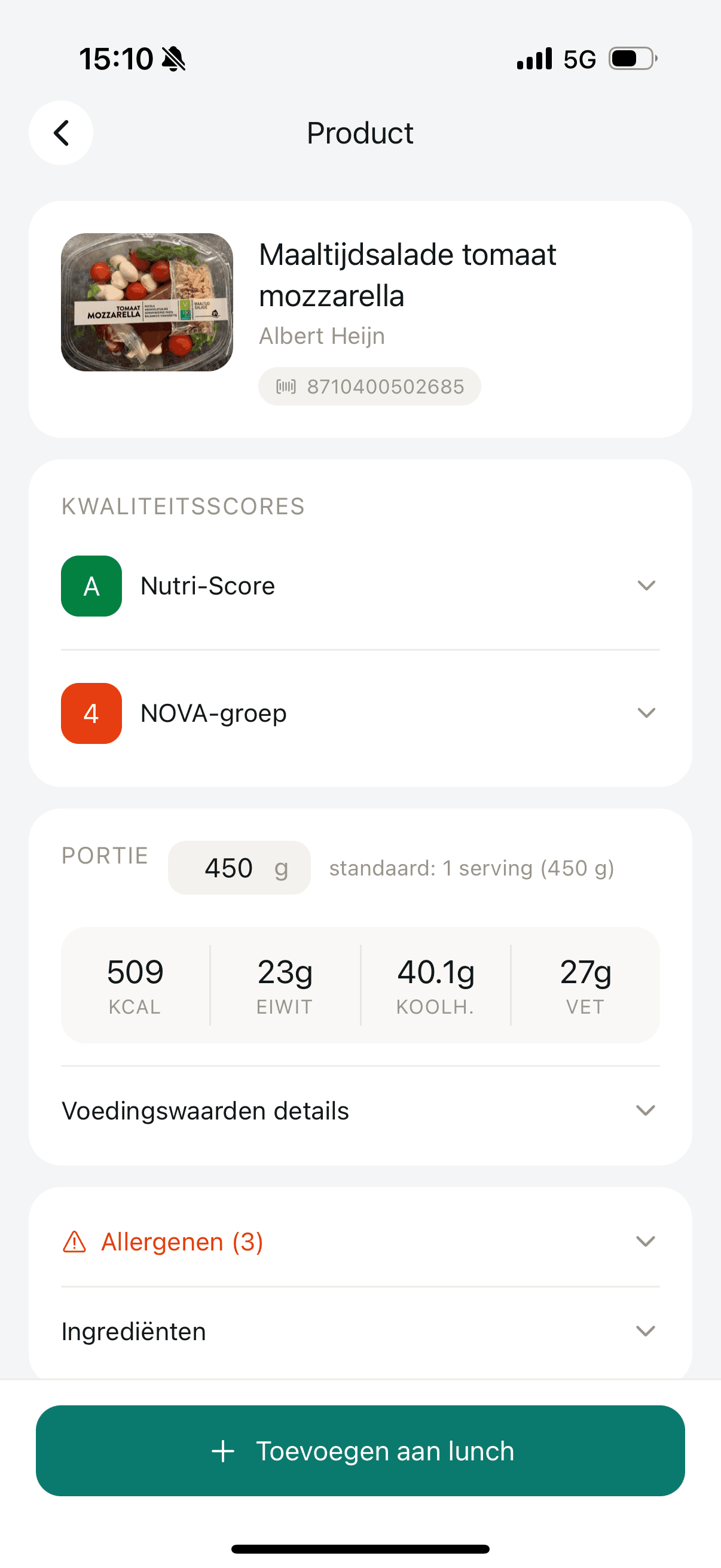 Een gescand supermarktproduct met portiegrootte, calorieën en voedingswaarden