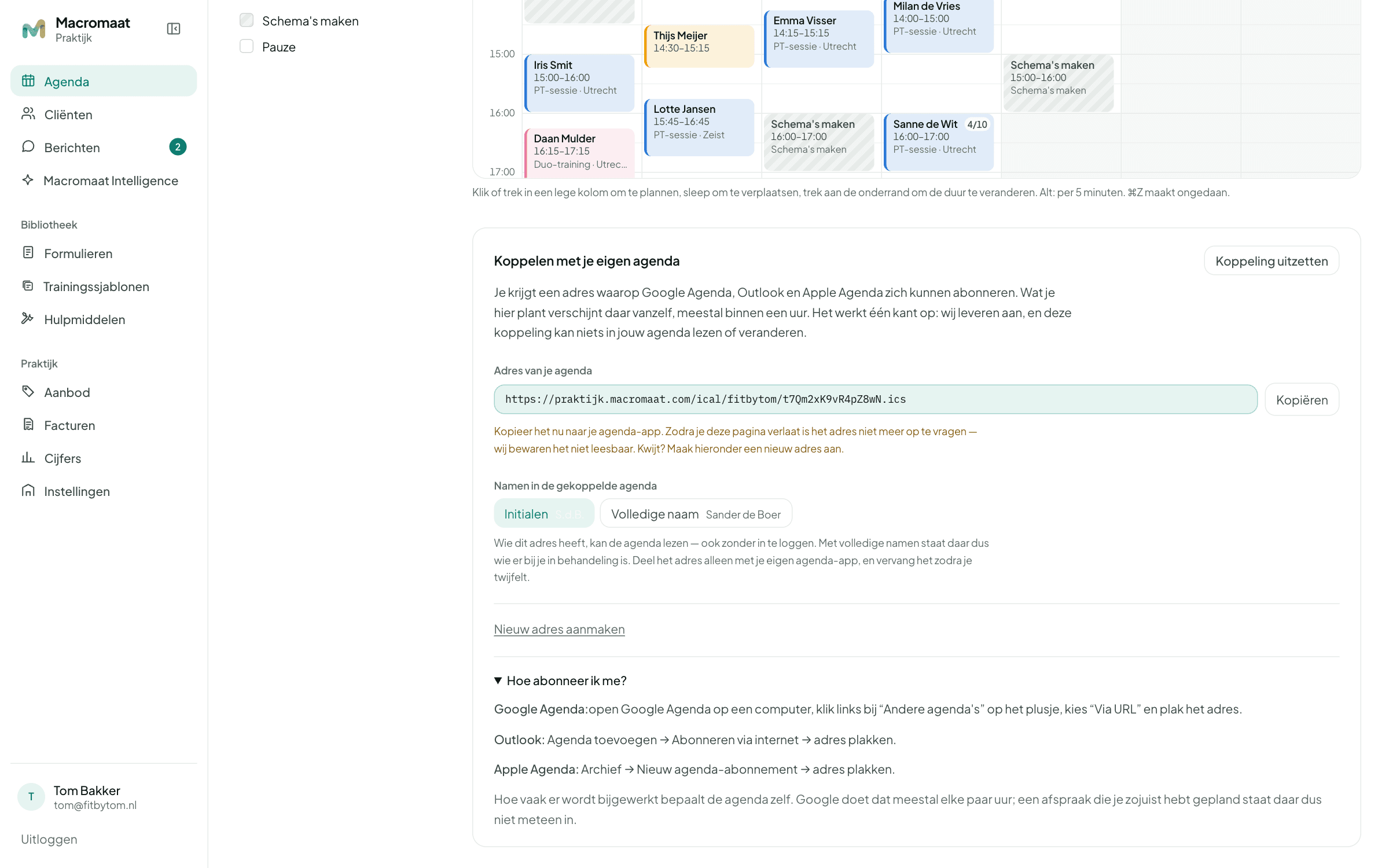 Het paneel om je eigen agenda te koppelen, met een privélink en de keuze om namen als initialen te tonen