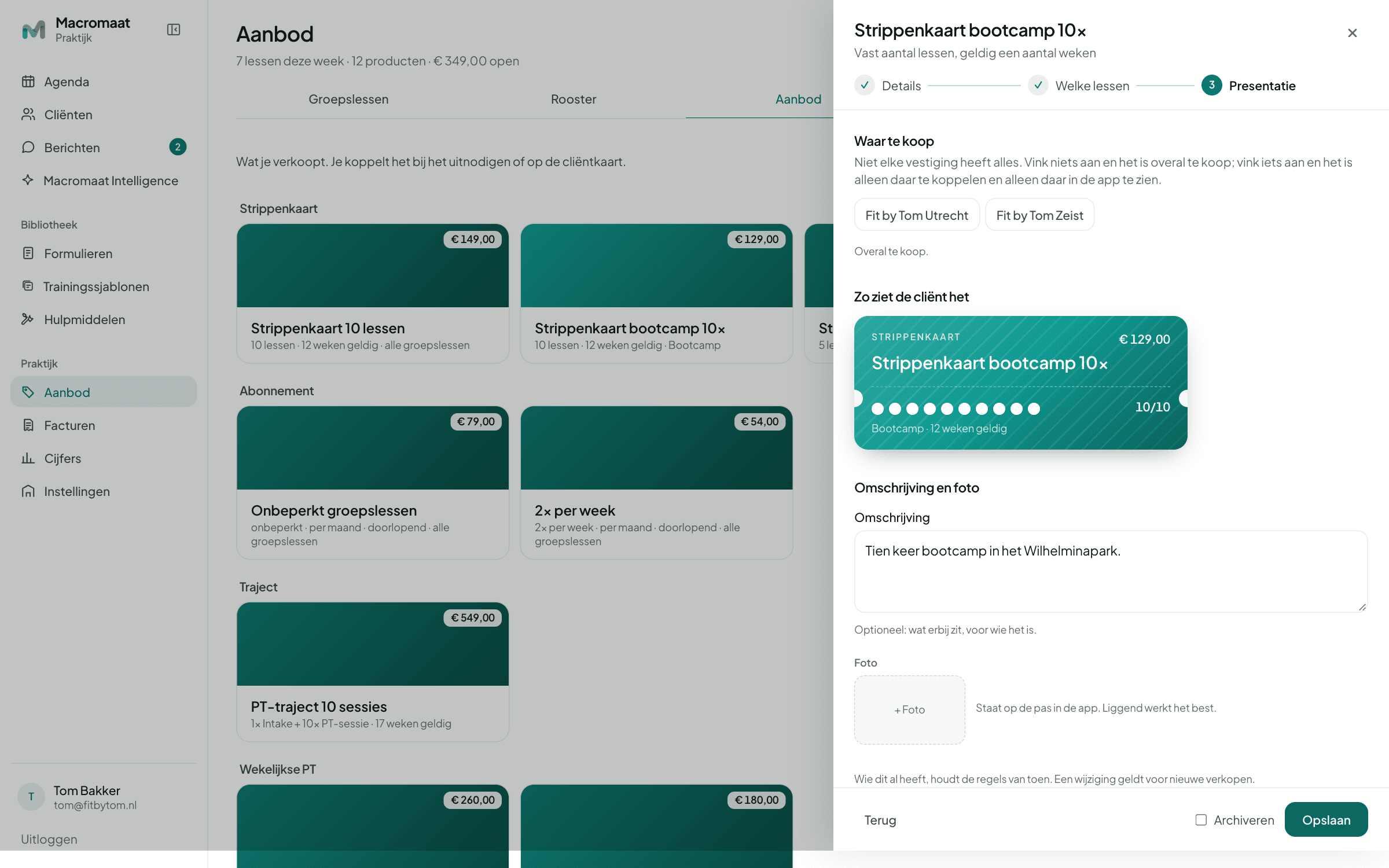 Het venster om een product te maken, met soort, naam, prijs, btw, geldigheid en voor welke lessen het geldt
