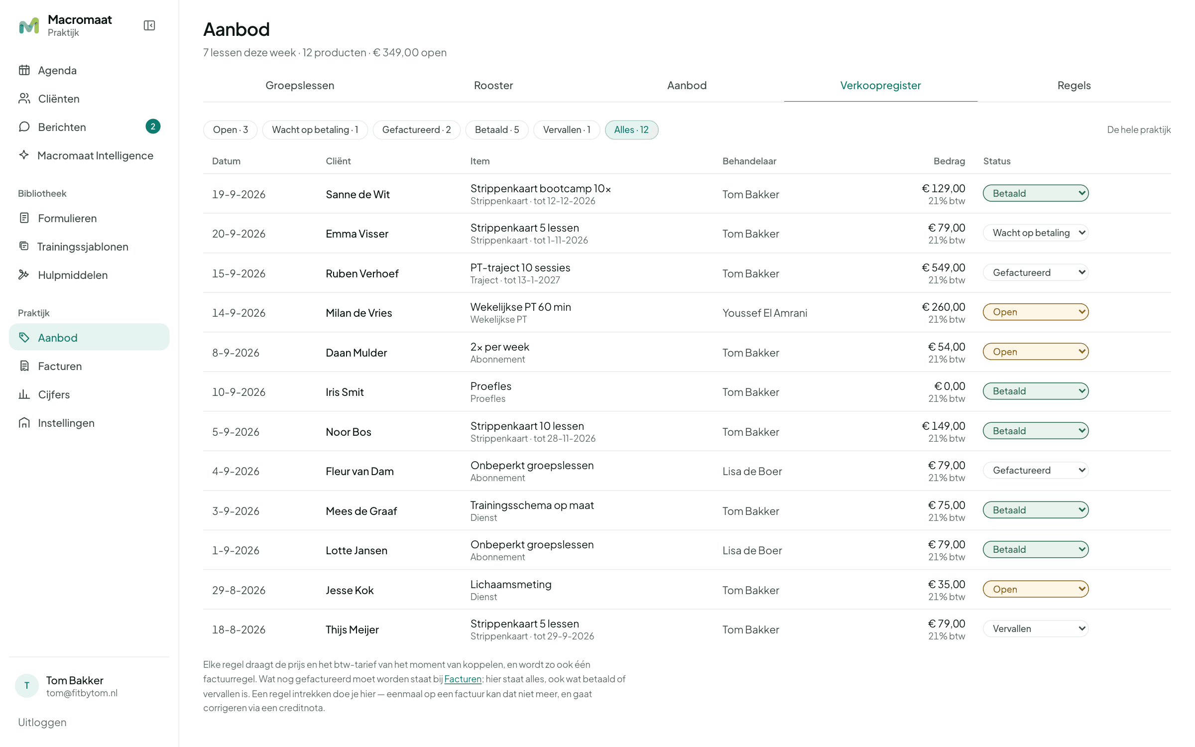 Het verkoopregister met datum, klant, product, behandelaar, bedrag en status open, gefactureerd of betaald