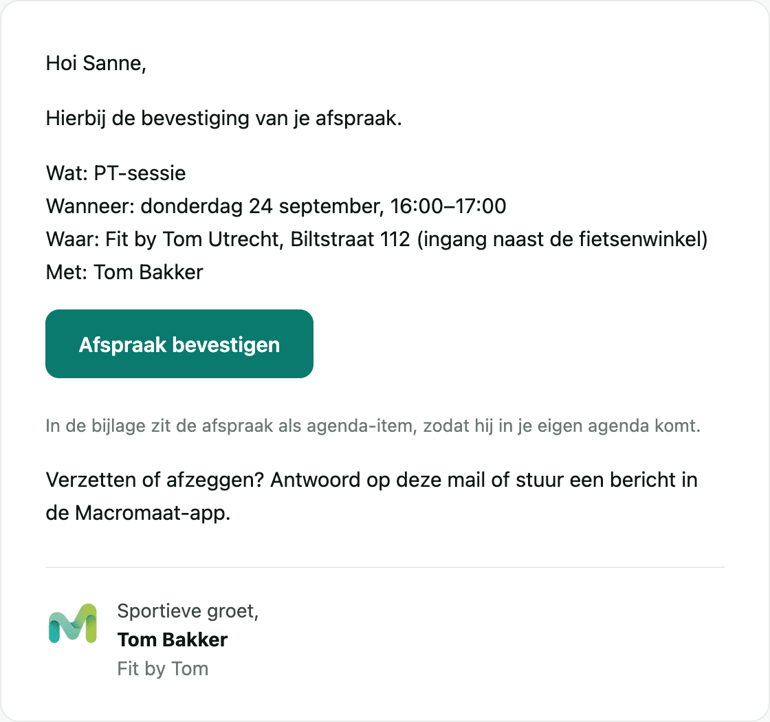 De bevestigingsmail: PT-sessie op donderdag 24 september van 16:00 tot 17:00 bij Fit by Tom Utrecht, met een knop Afspraak bevestigen