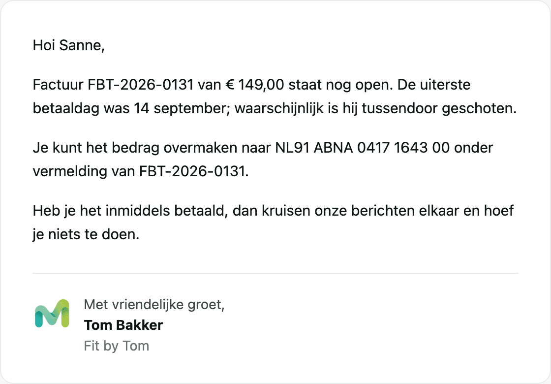 De herinneringsmail: factuur FBT-2026-0131 van 149 euro staat nog open, met het IBAN en het factuurnummer als kenmerk