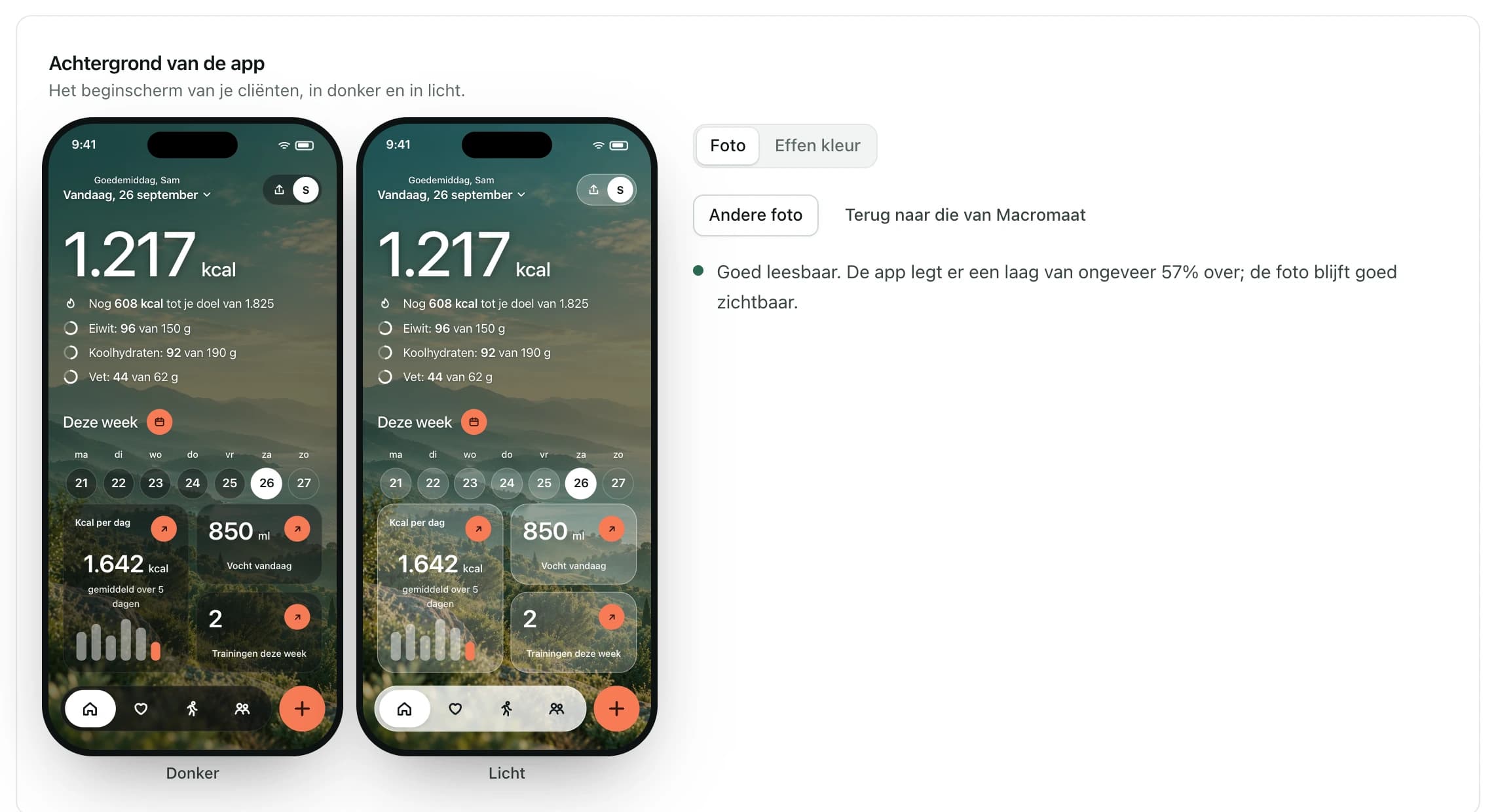 Het blok Achtergrond van de app: het beginscherm met de foto van de praktijk in donker en in licht, de keuze tussen een foto en een effen kleur, en hoe leesbaar de foto is