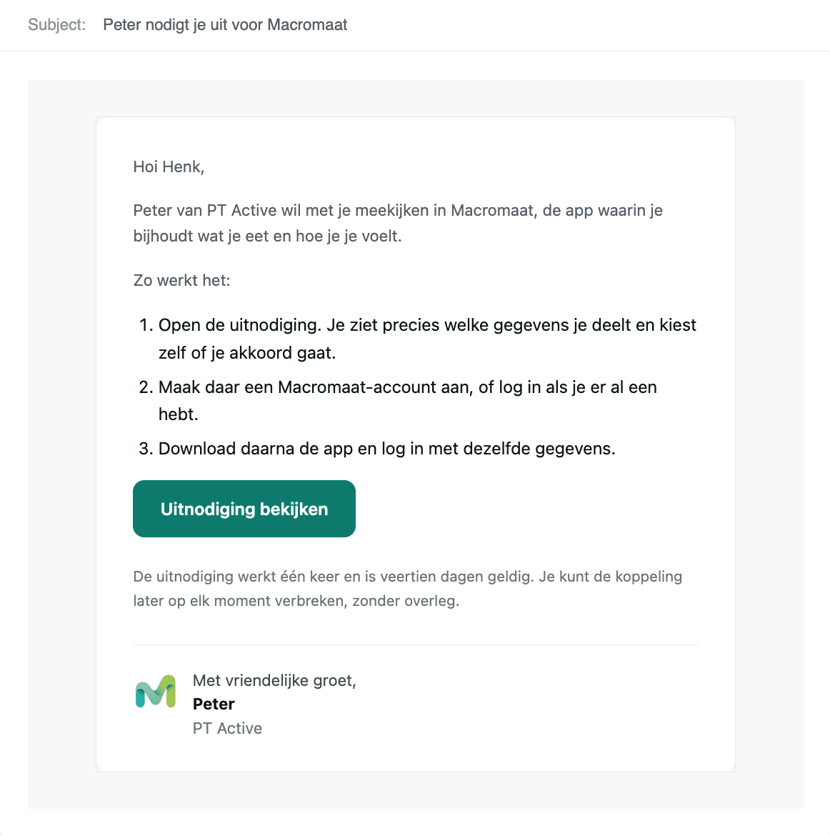 Persoonlijke uitnodigingsmail van Peter van PT Active aan Henk met uitleg over toestemming, een account aanmaken en de app downloaden