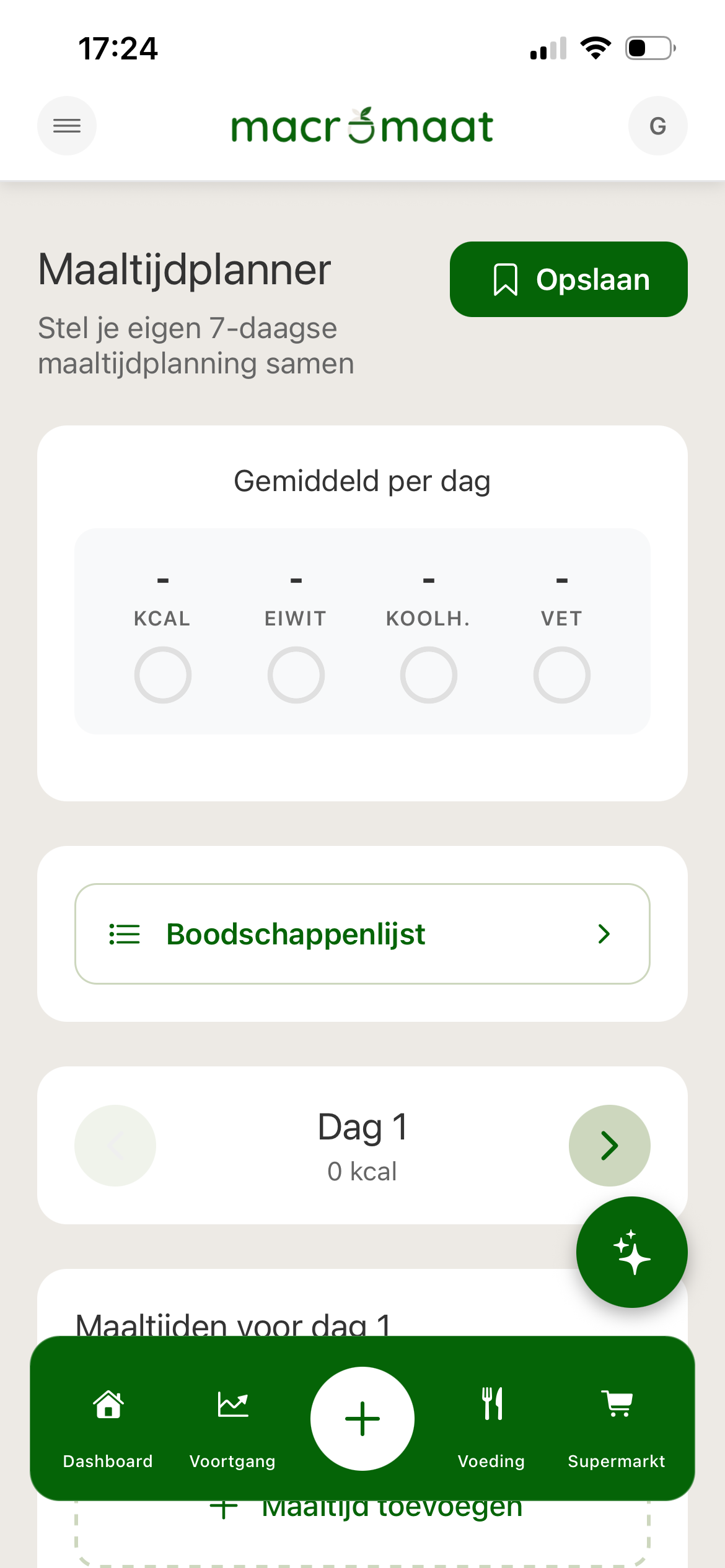 Maaltijdplanner stap 1: nieuw plan starten