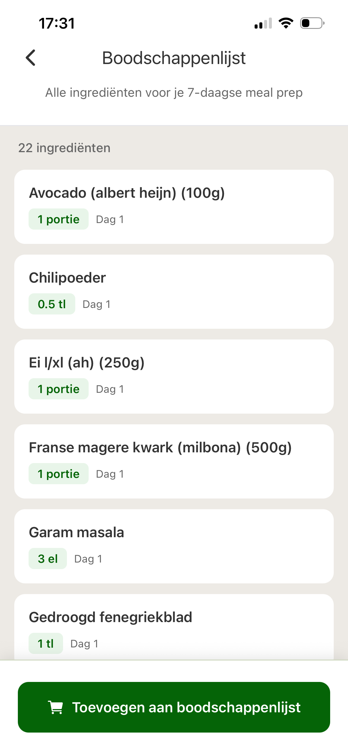 Maaltijdplanner stap 6: boodschappenlijst genereren