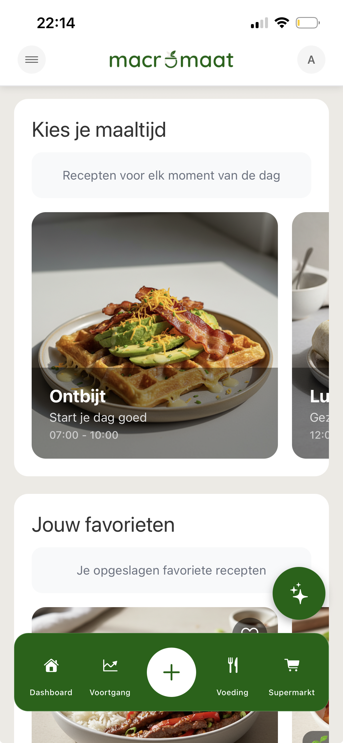 Macromaat recepten scherm met ontbijt en lunch opties