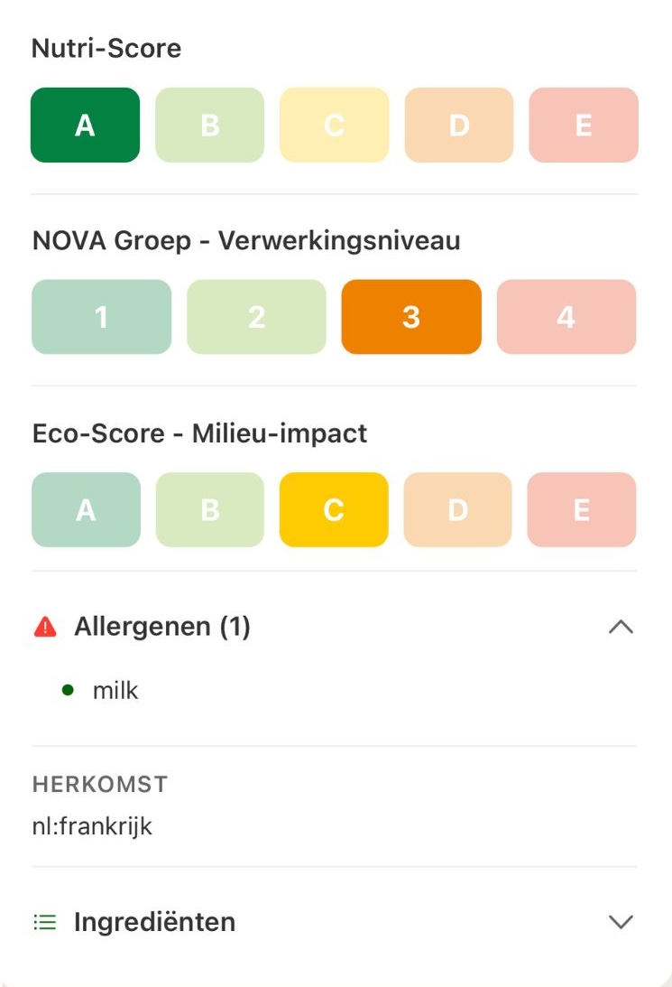 Barcode scan resultaat: voedingswaarden