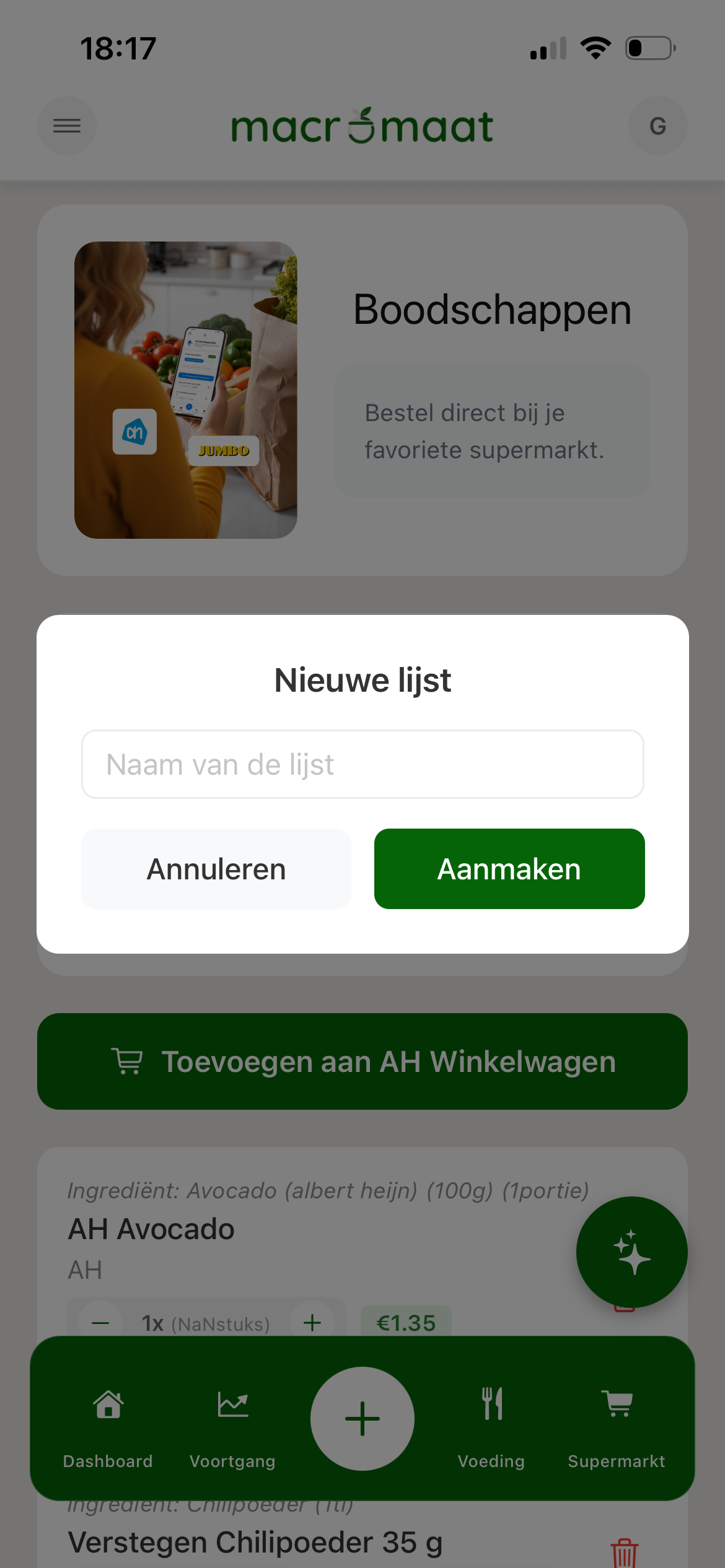 Supermarkt koppeling stap 1: boodschappenlijst aanmaken